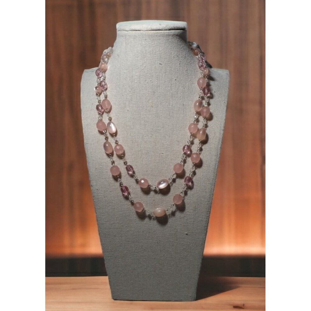 Robert Rose Necklace Pink Moonglow Beads Silver-tone Chain Double Strand Korea